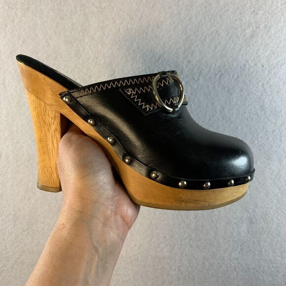 VTG 00s Steve Madden Women Y2K Wooden Platform Clogs Sz 6 Black Leather Studded - Picture 2 of 16